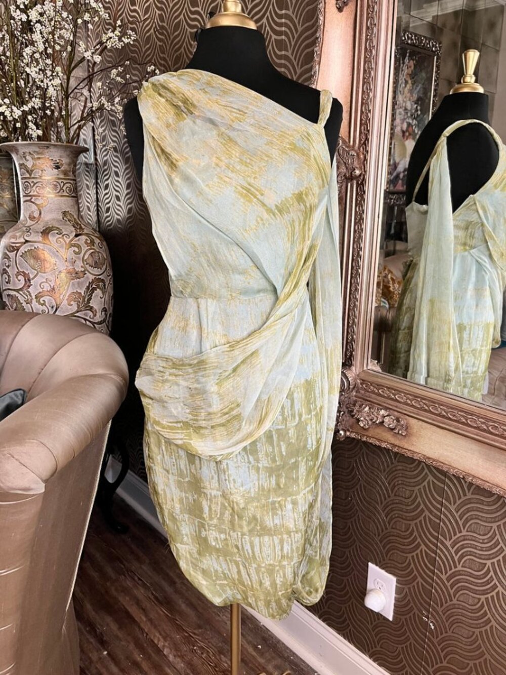 Black halo silk abstract  green gold print draped design dress